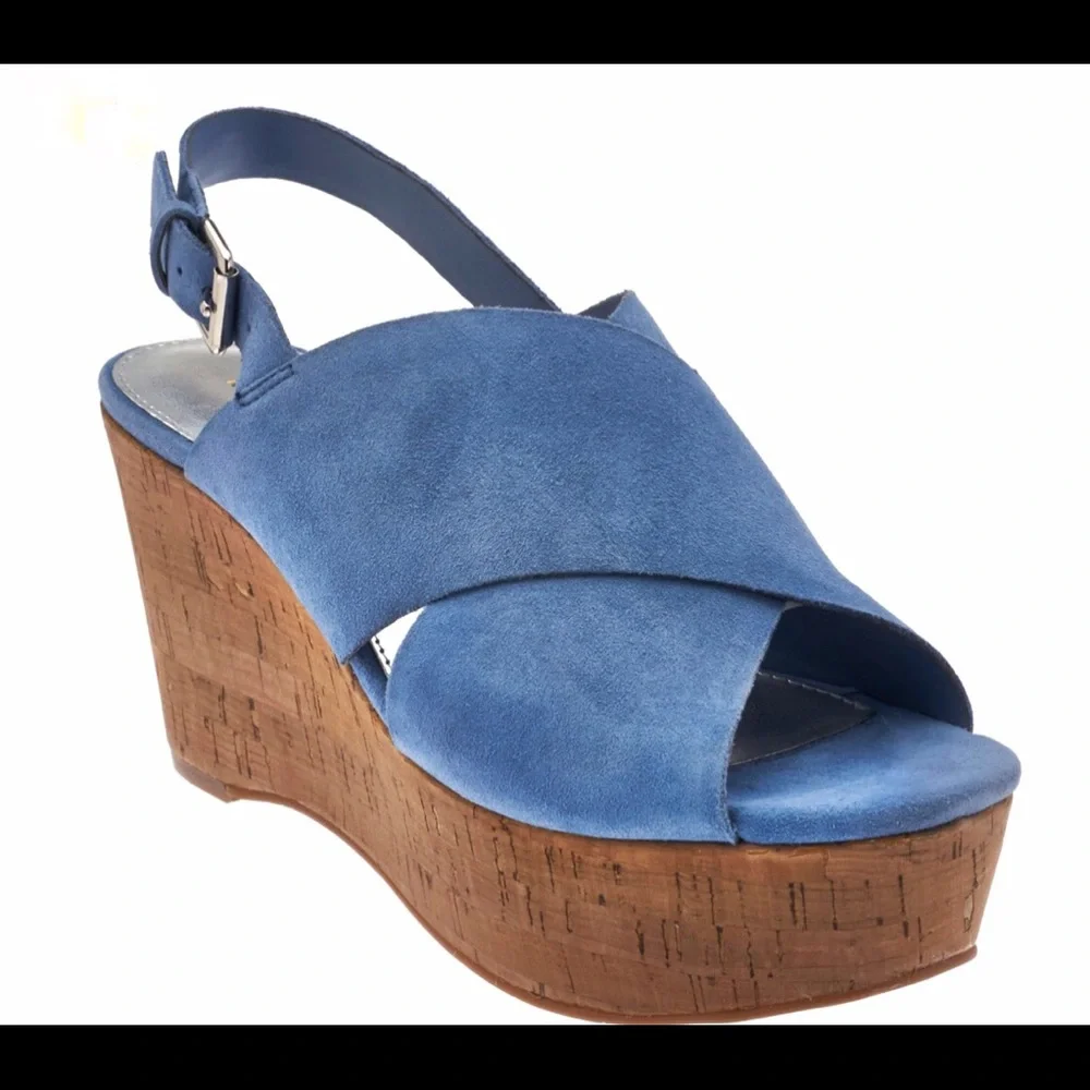 Marc Fisher Suede Slingback Wedge Sandals Size 7.5 Cross Band Open Toe Blue BNIB